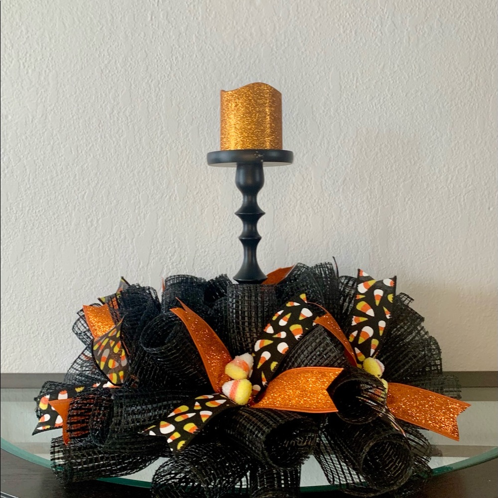 Deco mesh Halloween centerpiece, candy corn centerpiece, candle ring, table